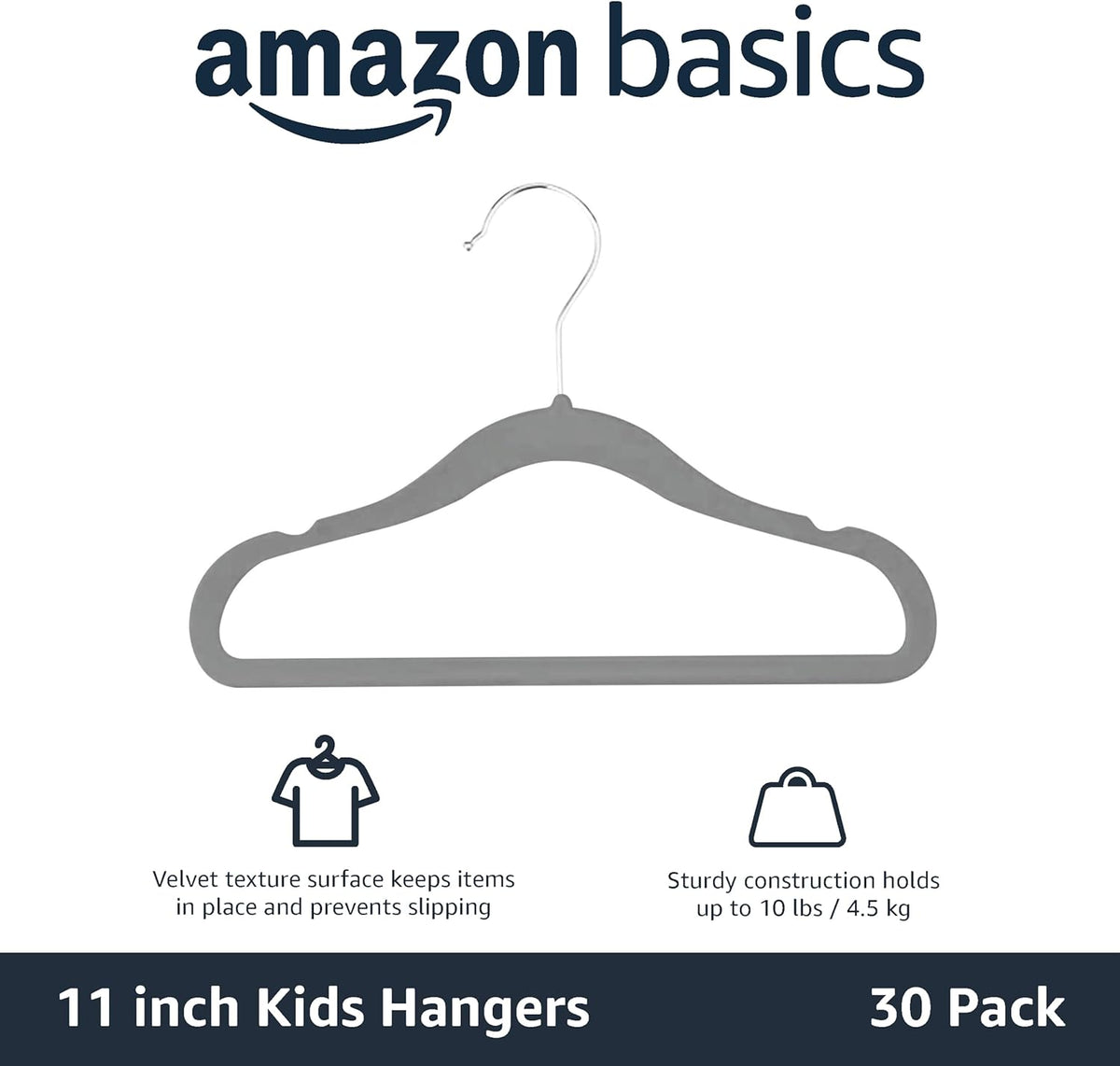 Kids Velvet, Non-Slip Clothes Hangers (Baby/Toddler), 29.46 Cm (For Baby Clothes), Pack of 30, Gray