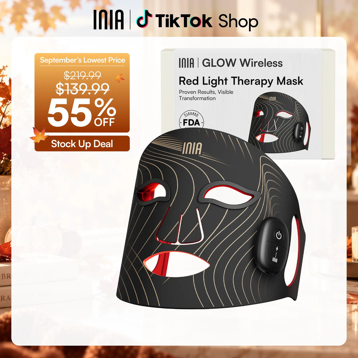 INIA GLOW Wireless LED Red Light Therapy Mask - Rechargeable Battery, Included Batteries, 2-Year Warranty, Portable, for At-Home Skincare & Summer Travel, Targets Eyes, Supports Glowup (Facial Beauty Device), Adults,Back to School,Back to School Haul