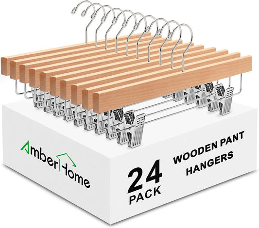 24 Pack Natural Wooden Pants Hangers with Clips, Wood Skirt Hangers Trouser Hangers for Jeans, Slacks, Shorts with 2-Adjustable Clips (Natural, 24 Pack)