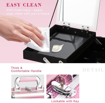 Vanity Case Makeup Box Nail Polish Organiser Beauty Storage Make up Organiser Jewellery Box with Mirror, Lockable with Keys, Holographic Pink