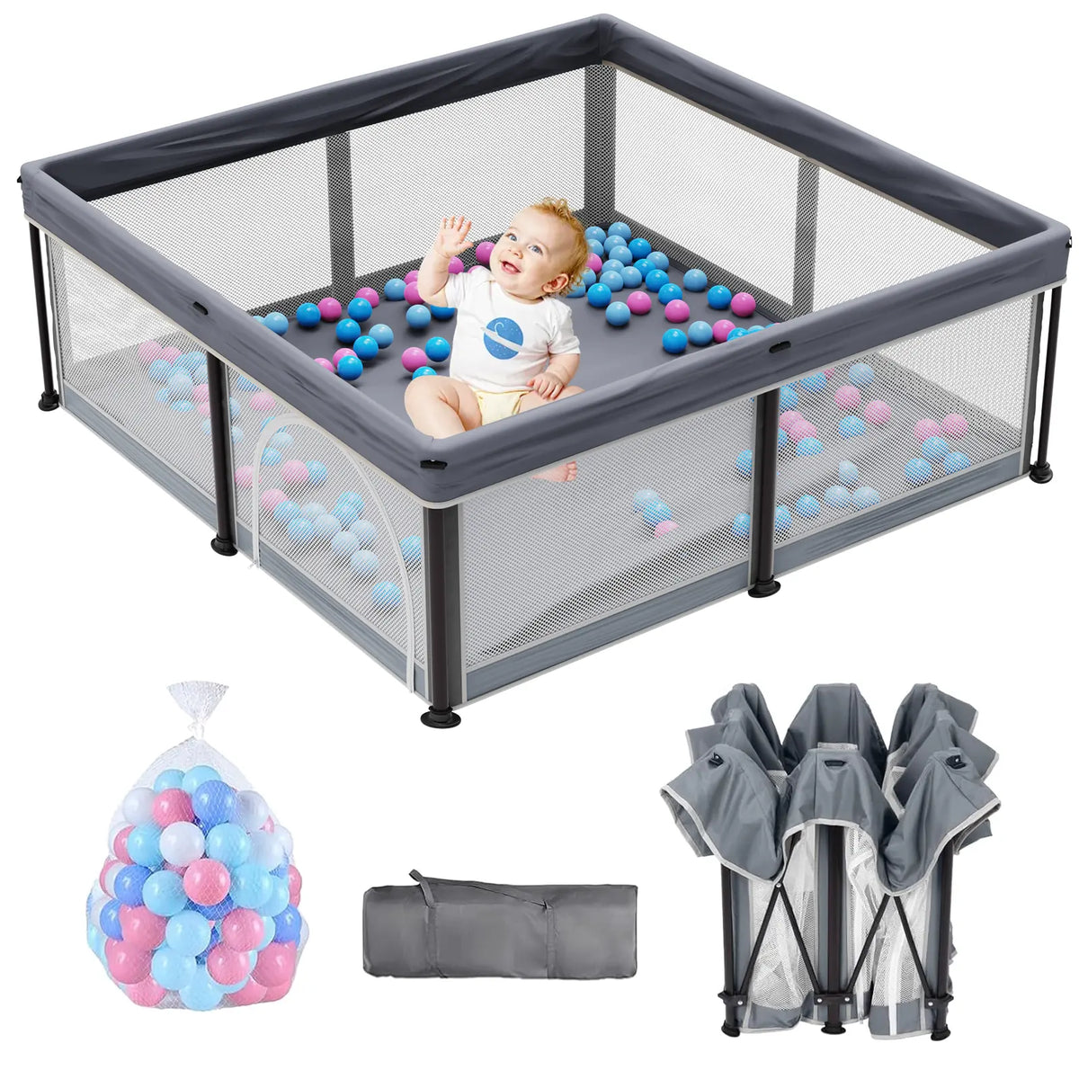 G TALECO GEAR Foldable Collapsible Portable Safety Playpen Play Yard (50"X50") with Mat, Breathable Gate, 50 Ocean Balls for Babies, Toddlers & Parents