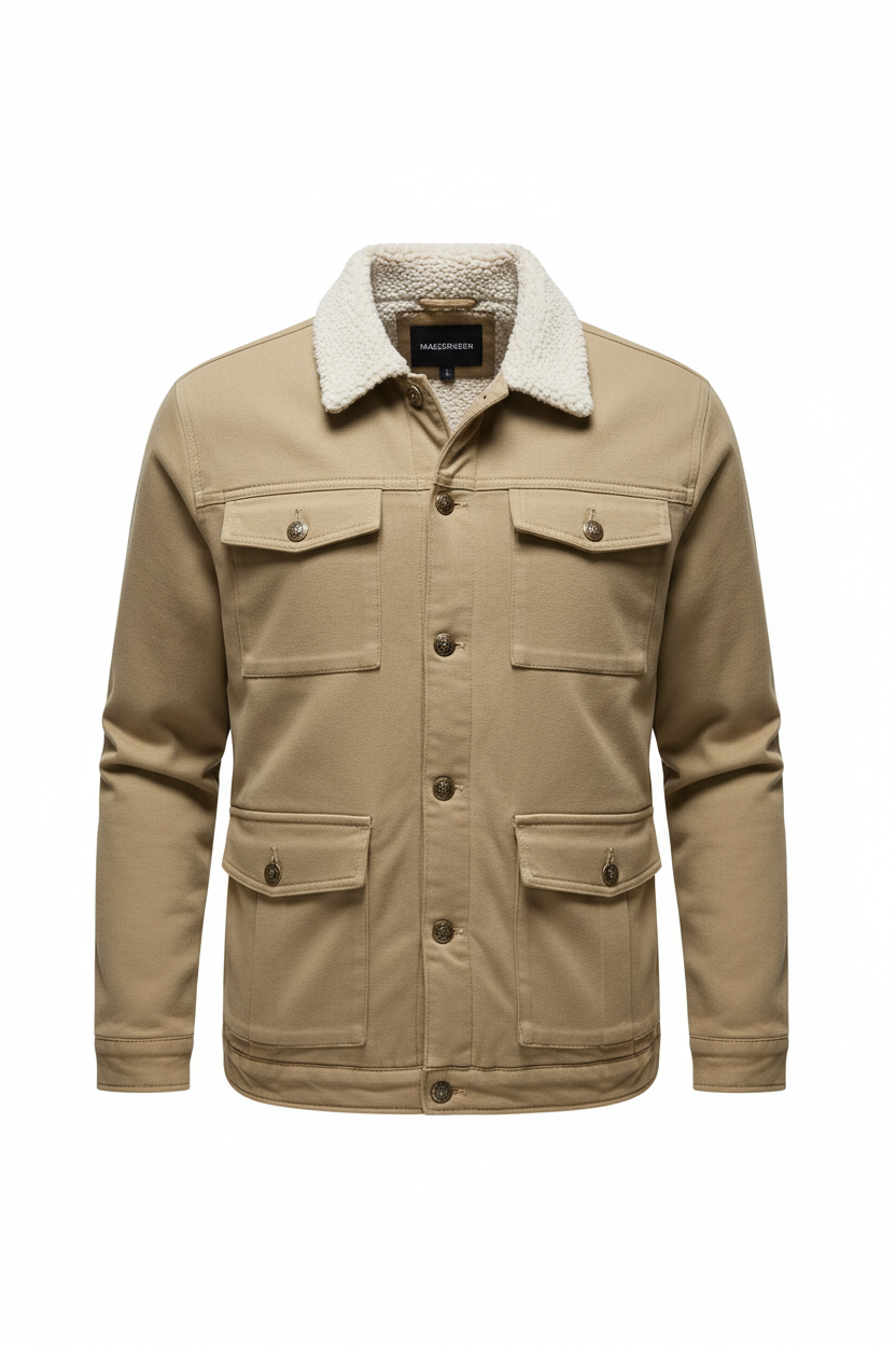 MAGCOMSEN Men'S Sherpa Lined Soft Fabric Longsleeves Winter Trucker Cargo Jacket, Warm Multi-Pocket Collared Cotton Fleece Coats, Casual Outdoor Menswear Tops (Khaki Beige),Sohochic
